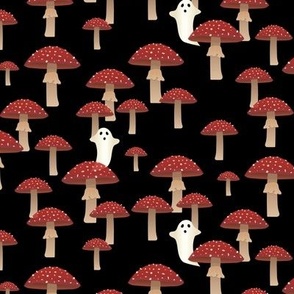 Poisonous Mushroom Garden with Ghosts on Black Medium Scale