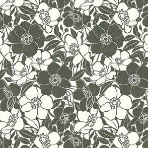 Extra Small Vintage floral - Rosemary Green and Natural White - glam retro flowers - floral wallpaper - bold two color multidirectional fabric texture - classic bedding fall flowers Christmas floral