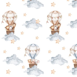 Safari Animals Hot Air Balloon Baby Nursery Kids Fabric Wallpaper 