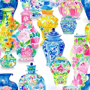 Chinoiserie jars in bright, preppy colors watercolor painting
