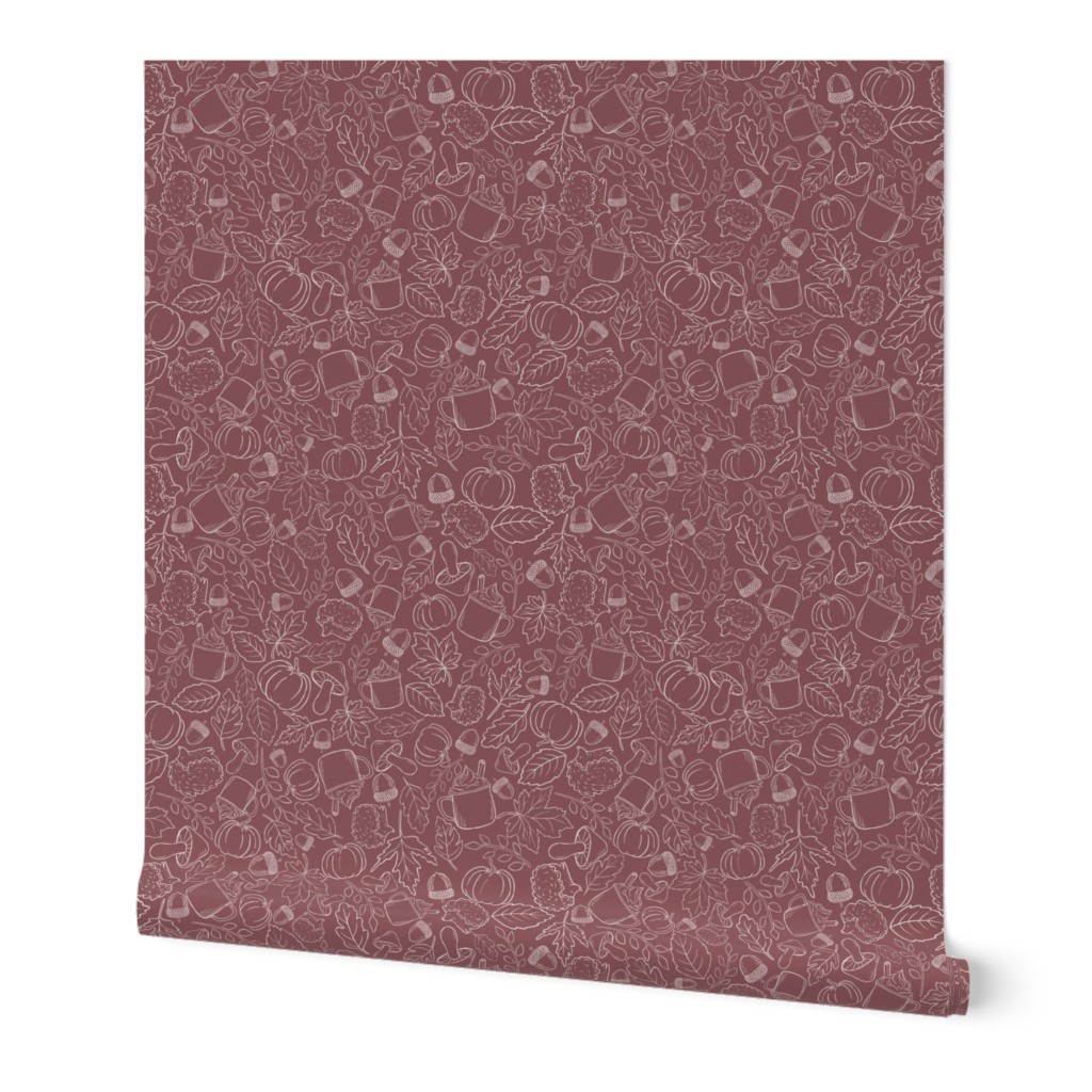 White silhouette fall motifs on a marsala violet purple background