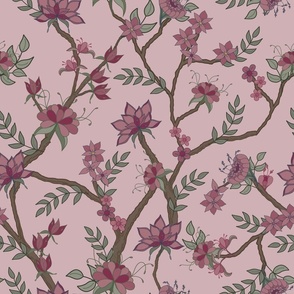Trailing Vines of Stylized Flowers in Shades of Burgundy on a Light Burgundy Pink Background.