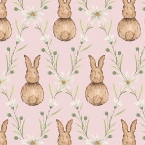 Large Whimsical Watercolor Woodland Rabbits in White Daisy Diamonds with Dulux Gavotte Pastel Pink Background