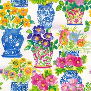Summer flowers in colorful ginger jars