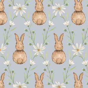 Large Whimsical Watercolor Woodland Rabbits in White Daisy Diamonds with Dulux Nolita Pastel Blue Grey Background