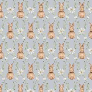 Medium Whimsical Watercolor Woodland Rabbits in White Daisy Diamonds with Dulux Nolita Pastel Blue Grey Background