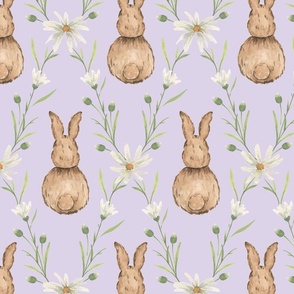 Large Whimsical Watercolor Woodland Rabbits in White Daisy Diamonds with Dulux Eternal Jewel Pastel Purple Background