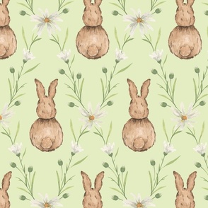 Large Whimsical Watercolor Woodland Rabbits in White Daisy Diamonds with Dulux Spring Shoot Green Background