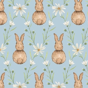 Large Whimsical Watercolor Woodland Rabbits in White Daisy Diamonds with Dulux Archie Pastel Blue Background