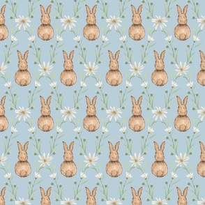 Medium Whimsical Watercolor Woodland Rabbits in White Daisy Diamonds with Dulux Archie Pastel Blue Background