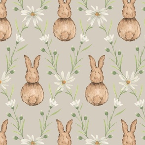 Large Whimsical Watercolor Woodland Rabbits in White Daisy Diamonds with Dulux Stone Master Beige Neutral Background