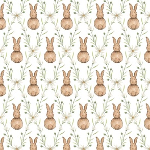 Medium Whimsical Watercolor Woodland Rabbits in White Daisy Diamonds with Pure White (#ffffff) Background