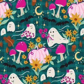 Cottagecore Halloween gingham with ghosts, sunflowers, pumpkins, moon, stars and bats in fuschia, teal, amber and mint for fall