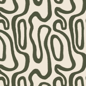 SMALL ABSTRACT CURVED WAVY LINES FOREST GREEN OFF WHITE BEIGE