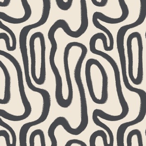 SMALL ABSTRACT CURVED WAVY LINES CHARCOAL BLACK OFF WHITE BEIGE