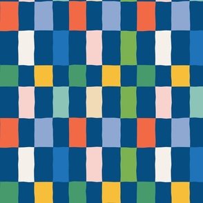 (M) pretty wonky rainbow checker board, check print, modern bright colors - blue, red, yellow, white