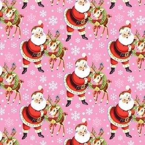 Merry Christmas xmas Santa Claus with deer ,vintage retro kitsch pink medium scale