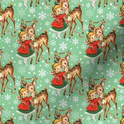 Merry Christmas xmas little girl with deer ,vintage retro kitsch green medium scale