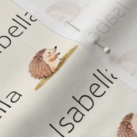 ISABELLA Name with cute hedgehog, customname print in soft brown and cream