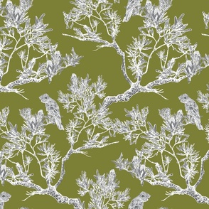 Modern Chinoiserie, Olive Green and White with Cockatoo, Leaves, Trees, Med