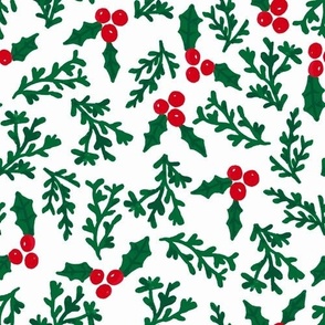 Hand Drawn Greenery Holly and Mistletoe in Dark Green with Berries