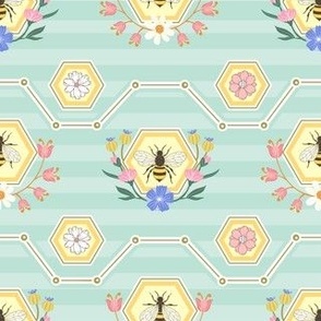 Bees and Flowers in Hexagons and Stripes - Small Scale