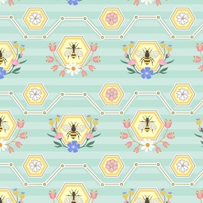 Bees and Flowers in Hexagons and Stripes - Large Scale