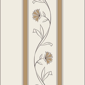 Floral Vine Border Stripe - Creamy White, Lion Gold, Purple Brown - Simple Classic Vertical Flowers