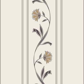 Floral Vine Border Stripe - Creamy White, Lion Gold, Purple Brown 02 - Simple Classic Vertical Flowers