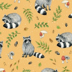 Racoons with leaves and mushrooms, woodland animals, on apricot - medium scale