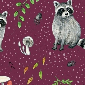 Racoons with leaves and mushrooms, woodland animals, on burgundy - large scale