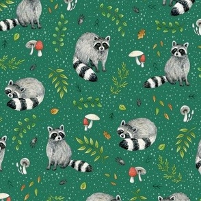 Racoons with leaves and mushrooms, woodland animals, on emerald green - small-medium scale