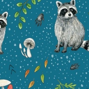 Racoons with leaves and mushrooms, woodland animals, on lagoon - large scale