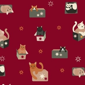 Christmas Cats in Boxes Cranberry Red