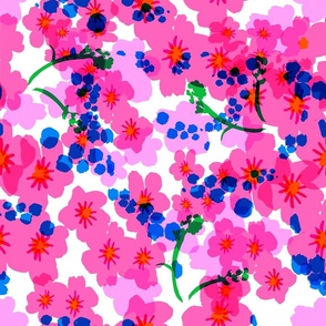 Forget Me Not Flowers Silhouette Floral Garden In Hot Pink, Berry Blue, Citrus Orange And Grass Green Summer 90’s Cottage Retro Modern Country Maximalist Farmhouse Meadow Translucent Overlay Girlie Cute Floral Repeat Pattern 
