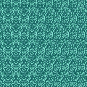 Calligraphic Monochrome Damask - Mint Green on Teal  (medium scale)