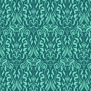 Calligraphic Monochrome Damask - Mint Green on Teal  (small scale)
