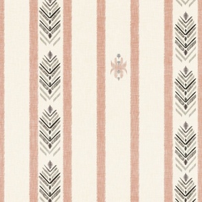 Peach and grey Ikat vertical stripes Large - pink stripe over cream - modern hand drawn ikat stripe with linen texture