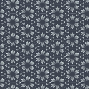 Sunburst Floral Hexagon Tile - Charcoal Blue And White