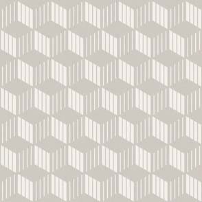 Optical illusion 3d isometric boxes with stripes (small scale) in light grey and off white for simple minimalist, bold boho or classic luxurious interior