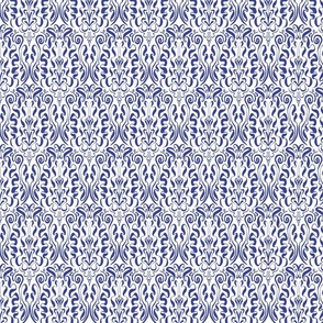 Calligraphic Damask - Royal Blue on White (medium scale)