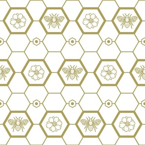 Bees and Flowers in Gold Honeycomb - Large Scale