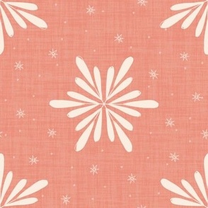 Geometric Winter Snowflakes On Linen Textured Cream White On Coral Pink