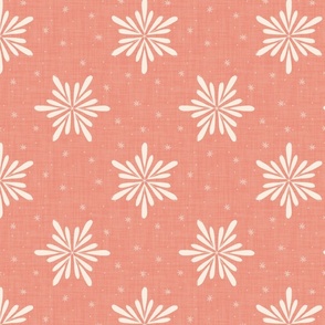 Geometric Winter Snowflakes On Linen Textured Cream White On Coral Pink