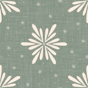 Geometric Winter Snowflakes On Linen Textured Cream White On Green