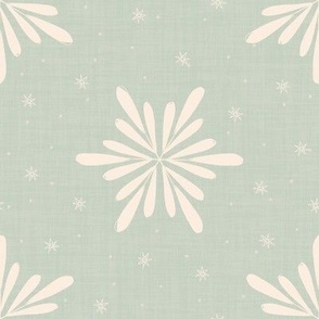 Geometric Winter Snowflakes On Linen Textured Cream White On Pastel Light Green