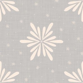 Geometric Winter Snowflakes On Linen Textured Cream White On Soft Gray