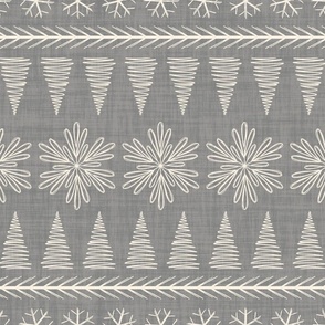 Hand Drawn Snowflakes And Christmas Tree Ornament Fair Isle Cream White On Dark Gray