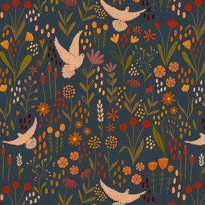 Doves Among the Flowers in navy