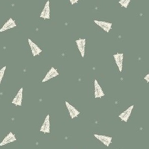 Minimal Hand Drawn Christmas Tree Toss Cream White Pines On Muted Dark Green